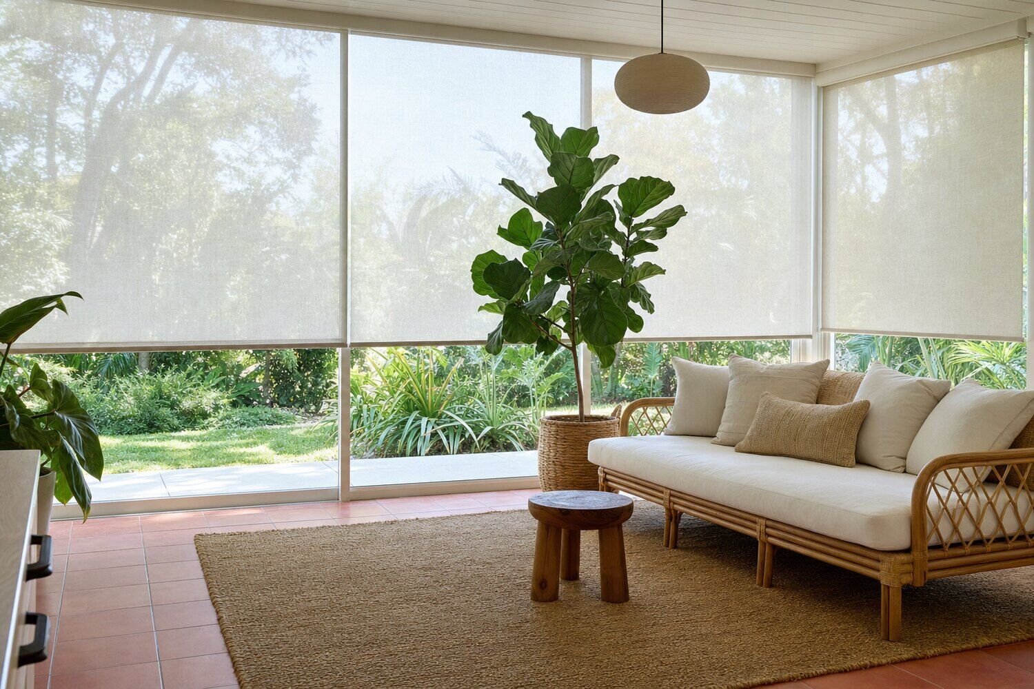 Motorized shades across a window wall in a quiet room