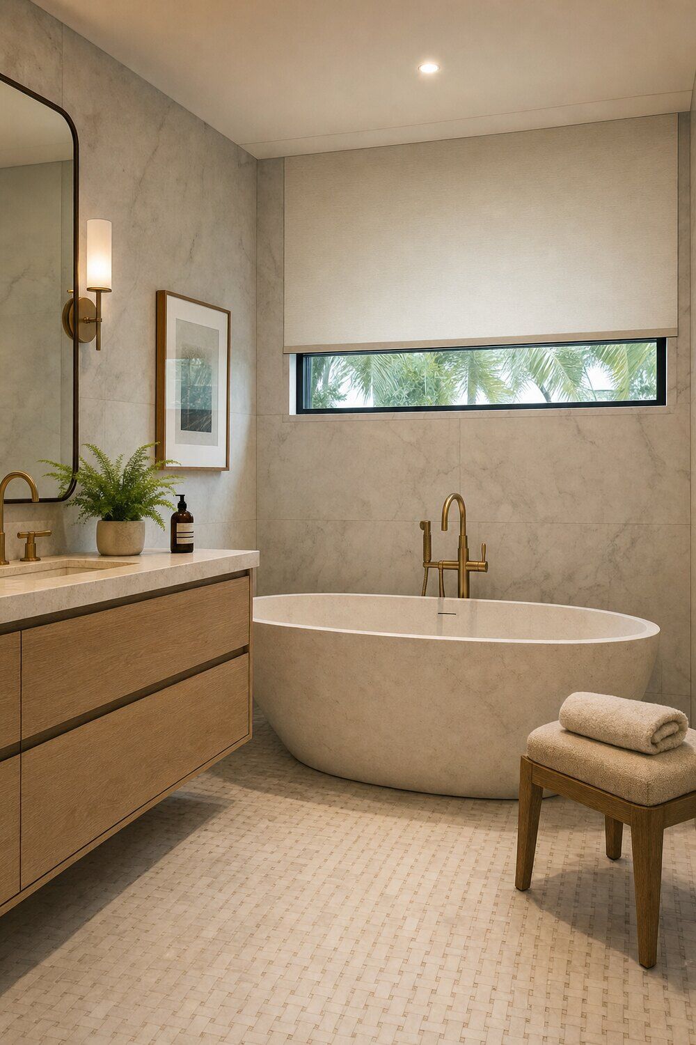 Motorized shades across a window wall in a open-plan room
