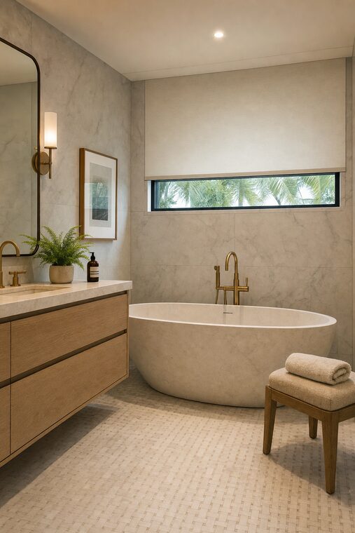 A bathroom with a freestanding stone bath and honed marble walls, a motorized privacy shade lowered over a high window with no cords anywhere