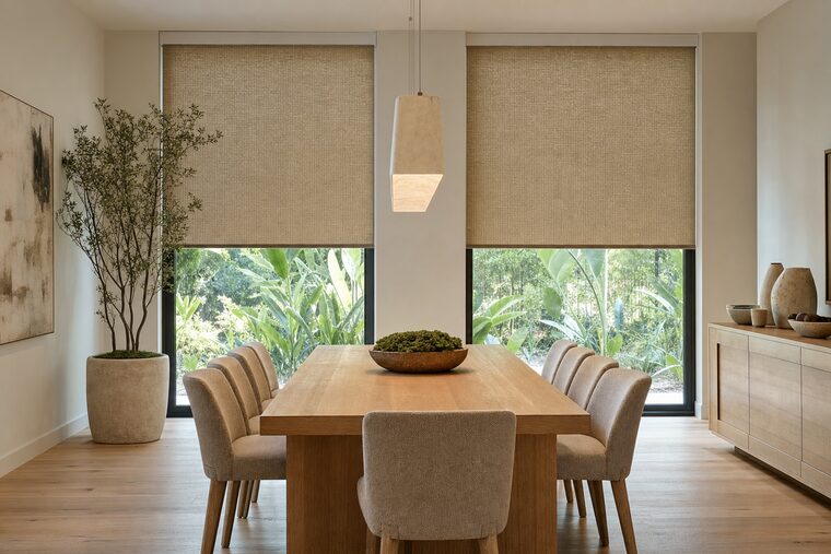 A dining room with a long white oak table and a linear plaster pendant, two motorized flax shades lowered to matching heights over tall windows