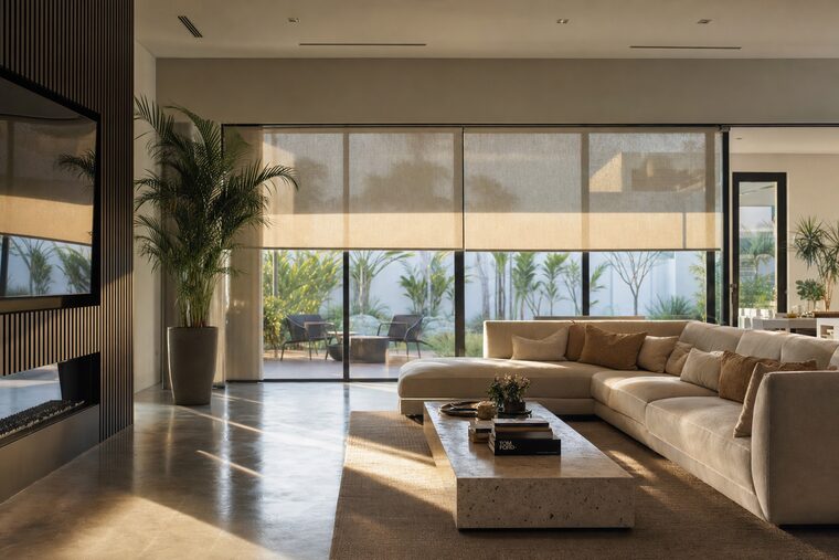 A great room early in the morning, motorized flax shades caught a third of the way up on a timed schedule with dawn light spilling in beneath them