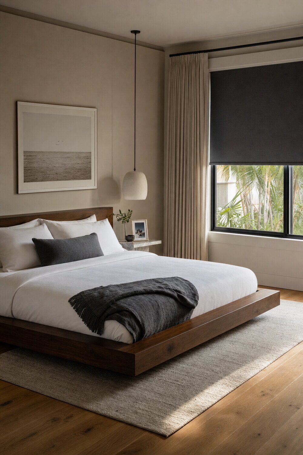 Motorized shades across a window wall in a sunlit room