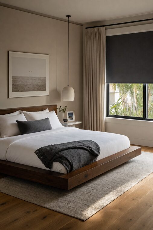 A bedroom with a low walnut platform bed and crisp white linen, a charcoal motorized blackout shade caught partway up with daylight appearing underneath