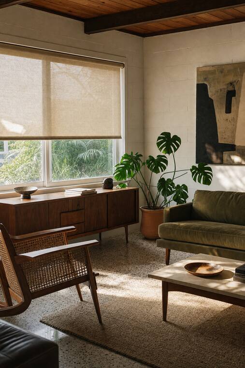 A renovated 1960s ranch living room with a terrazzo floor, an olive sofa, and a caned chair, a bone linen roller shade lowered two thirds over the window