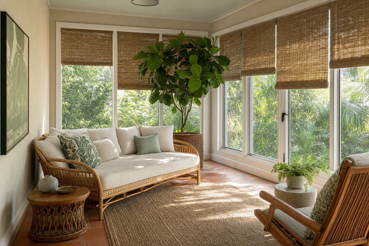 A quiet room with fabric shades lowered against the light