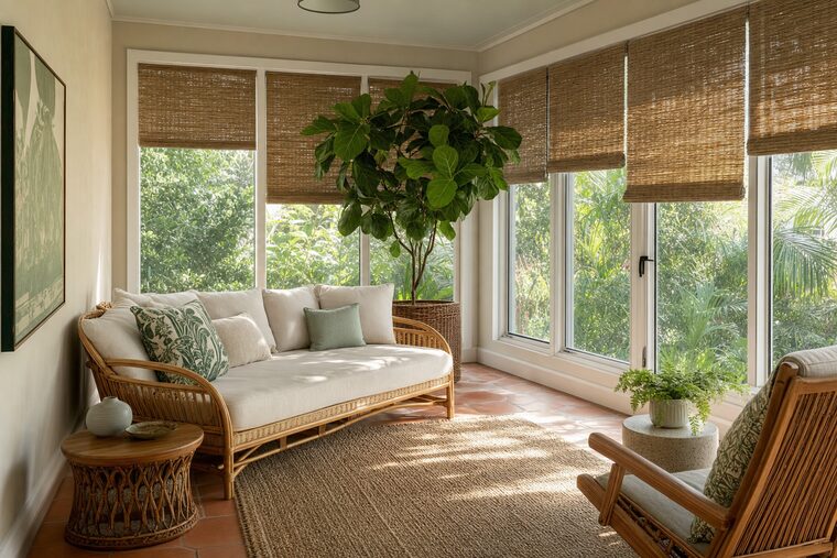 A sunroom with a rattan daybed, a fiddle leaf fig, and a terracotta tiled floor, woven reed shades at varying heights across a run of windows