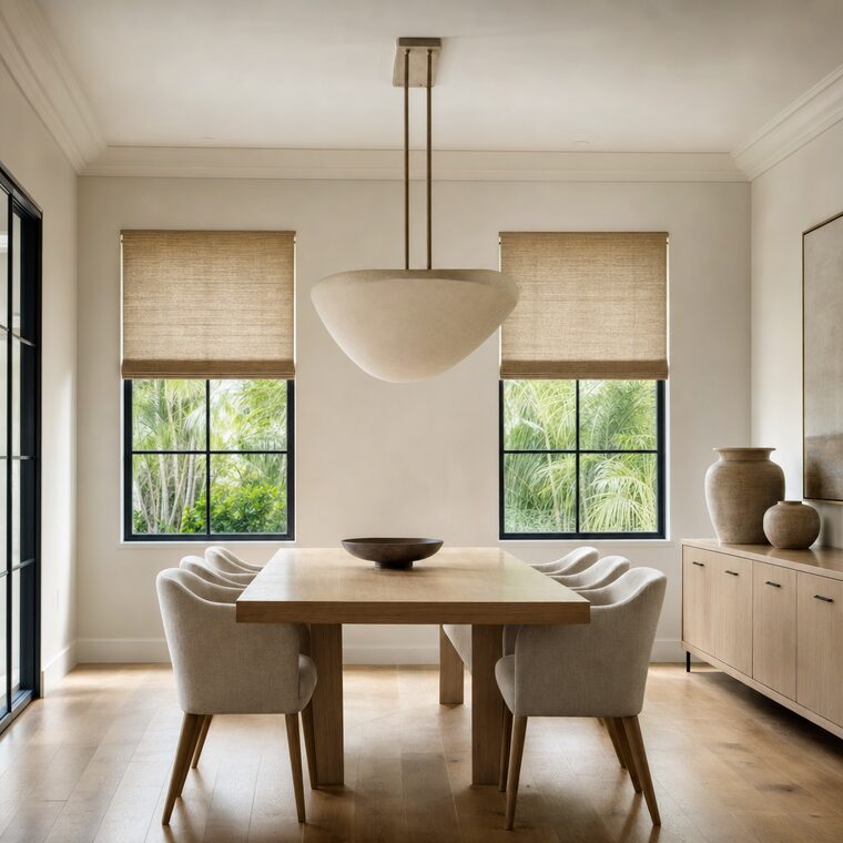 A dining room with a long white oak table, upholstered chairs, and a linear plaster pendant, natural flax roman shades lowered halfway across two windows