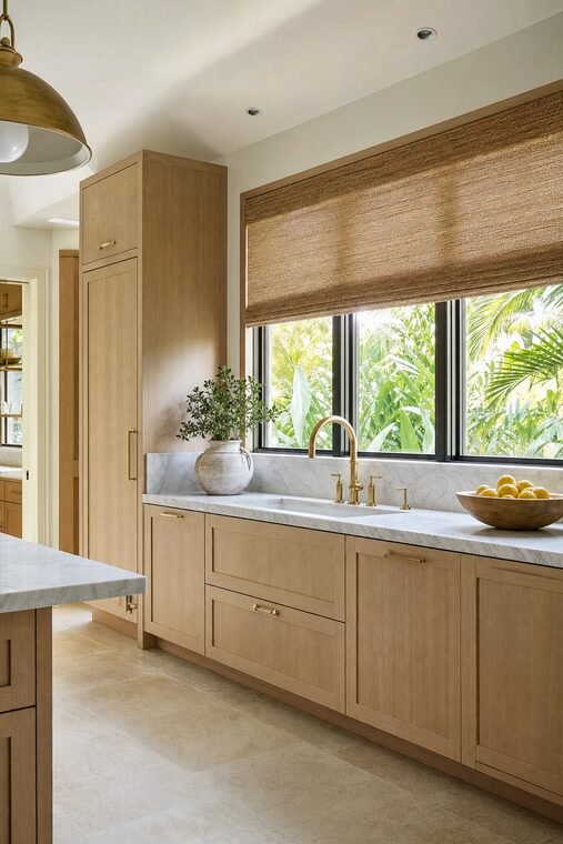 A kitchen with white oak cabinetry, a marble counter, and brass tapware, natural woven wood shades raised two thirds above the window behind the sink run