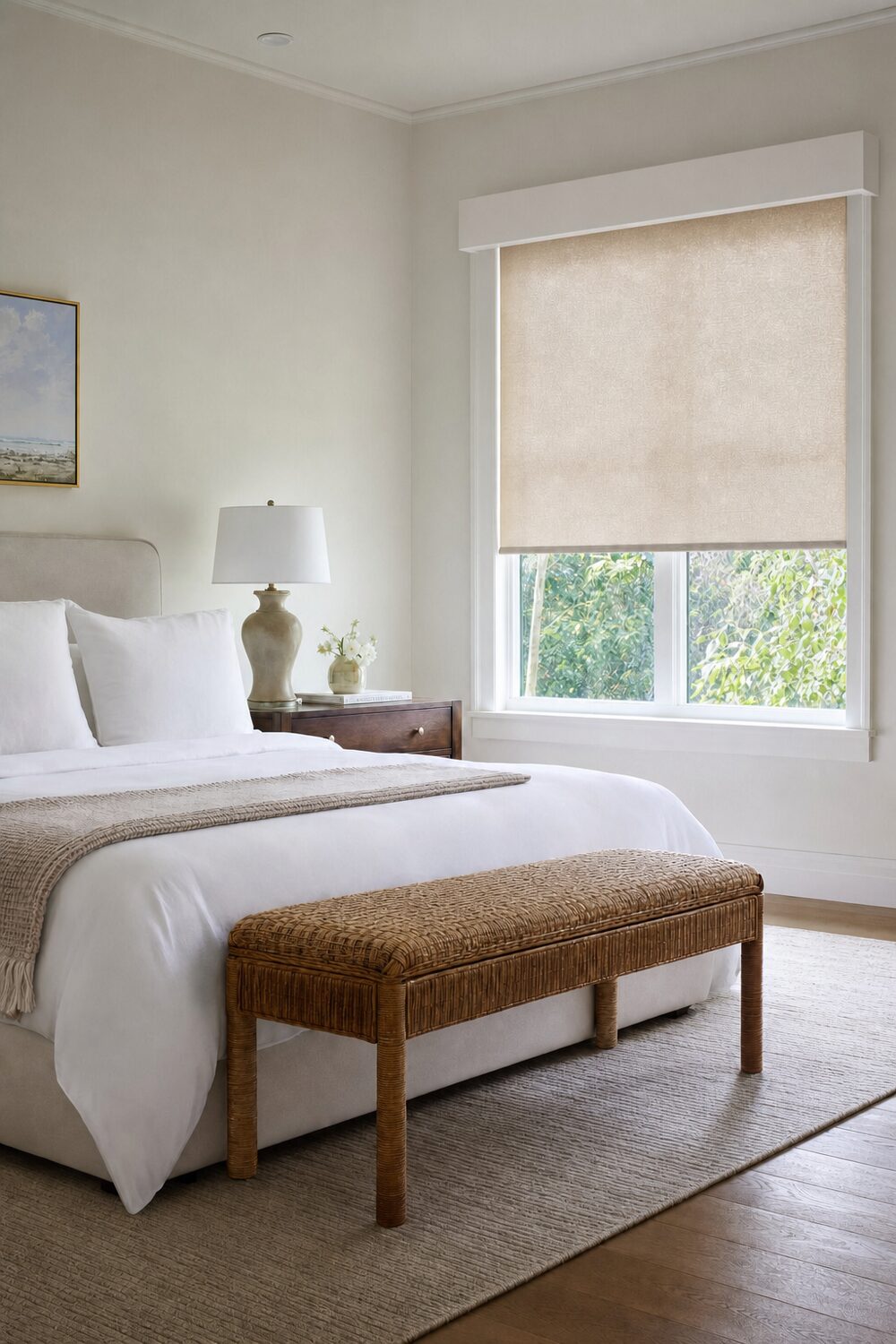 A bright room with fabric shades lowered against the light