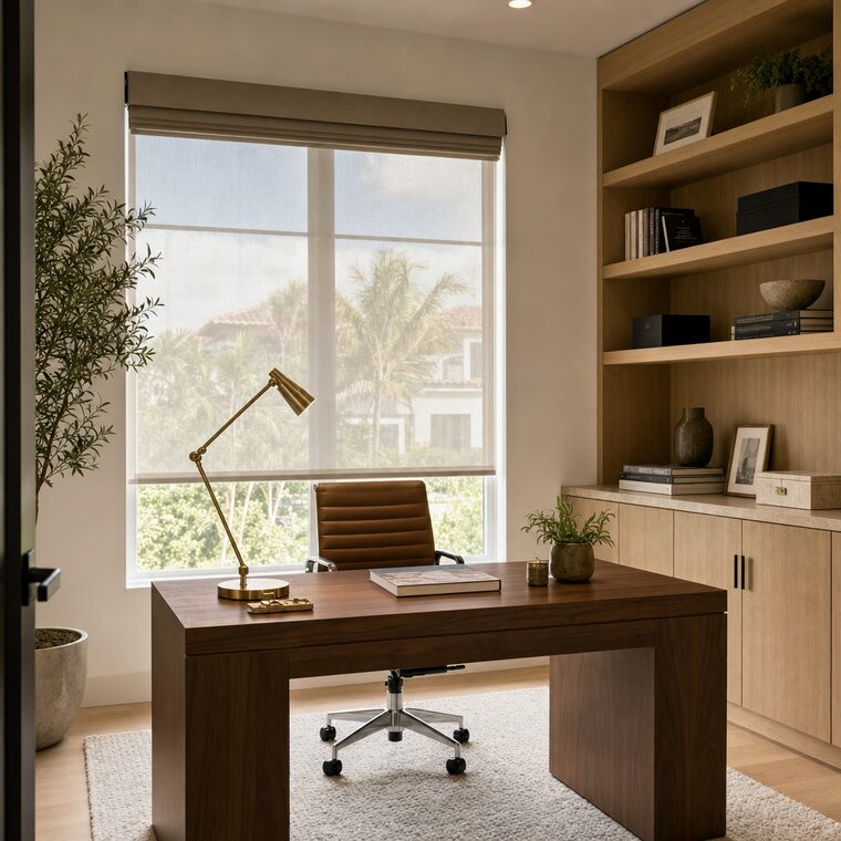 A home office with a walnut desk and integrated white oak shelving, a dual day-and-night roller shade with the sheer layer down and the opaque layer stacked above