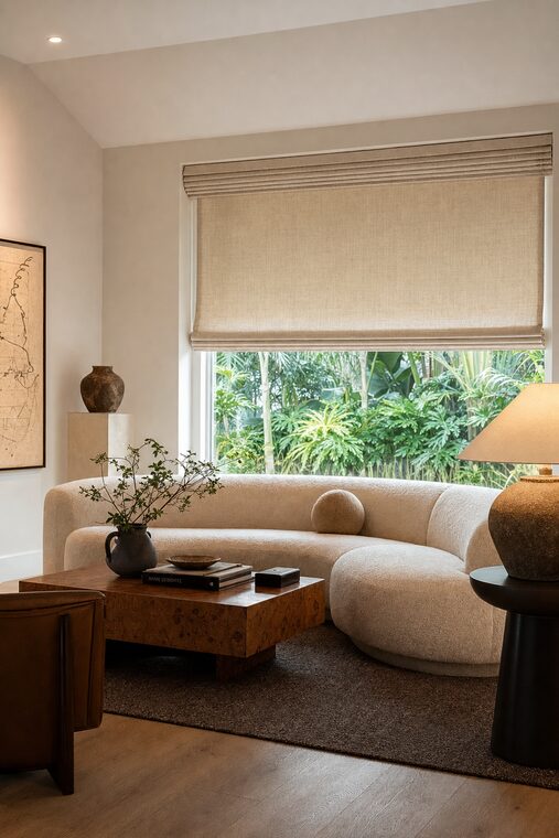 A living room with a curved boucle sofa and a burl wood coffee table, ivory flax roman shades lowered two thirds over a tall window in soft flat folds