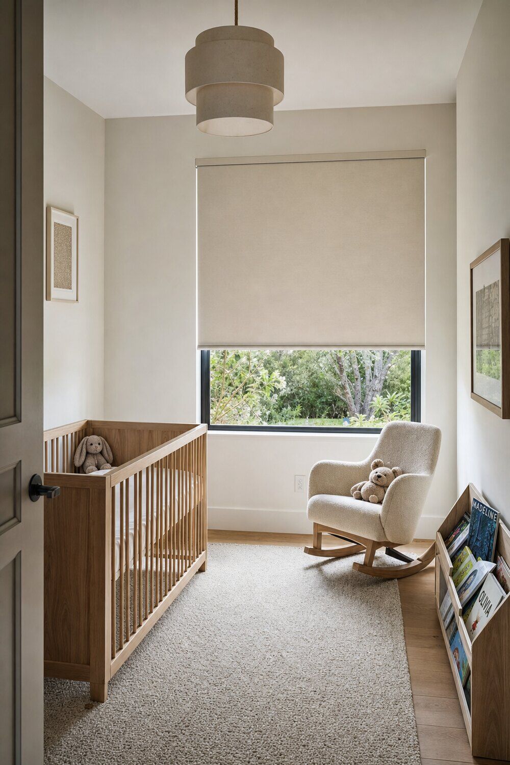 A south-facing room with fabric shades lowered against the light