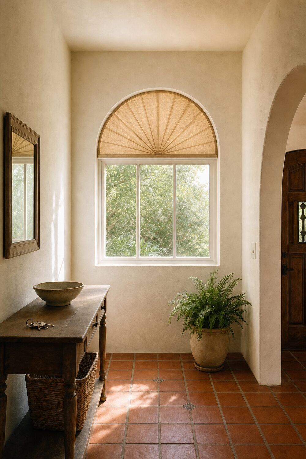 An unusually shaped window treated to follow its outline in a sunlit room