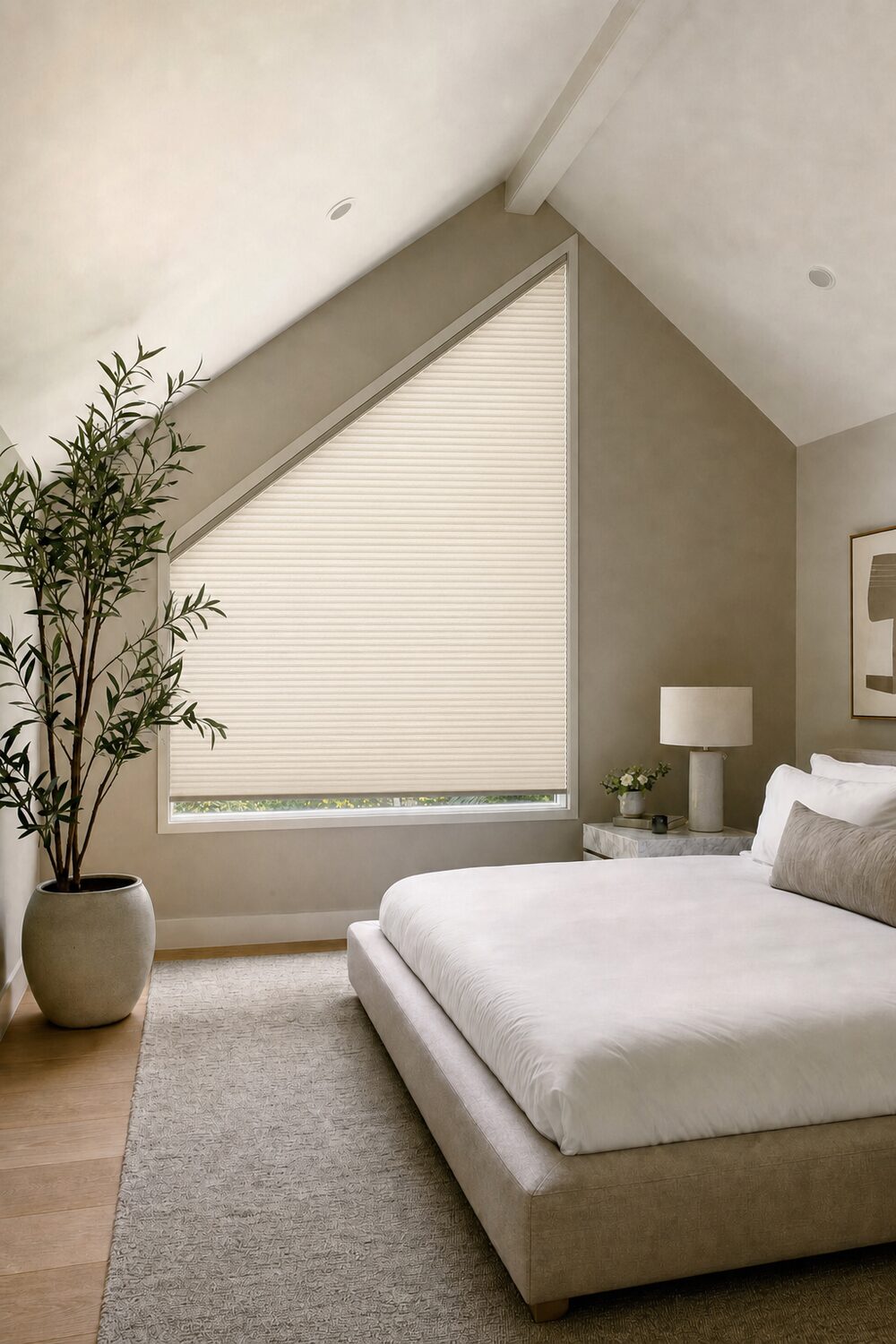 An unusually shaped window treated to follow its outline in a paneled room