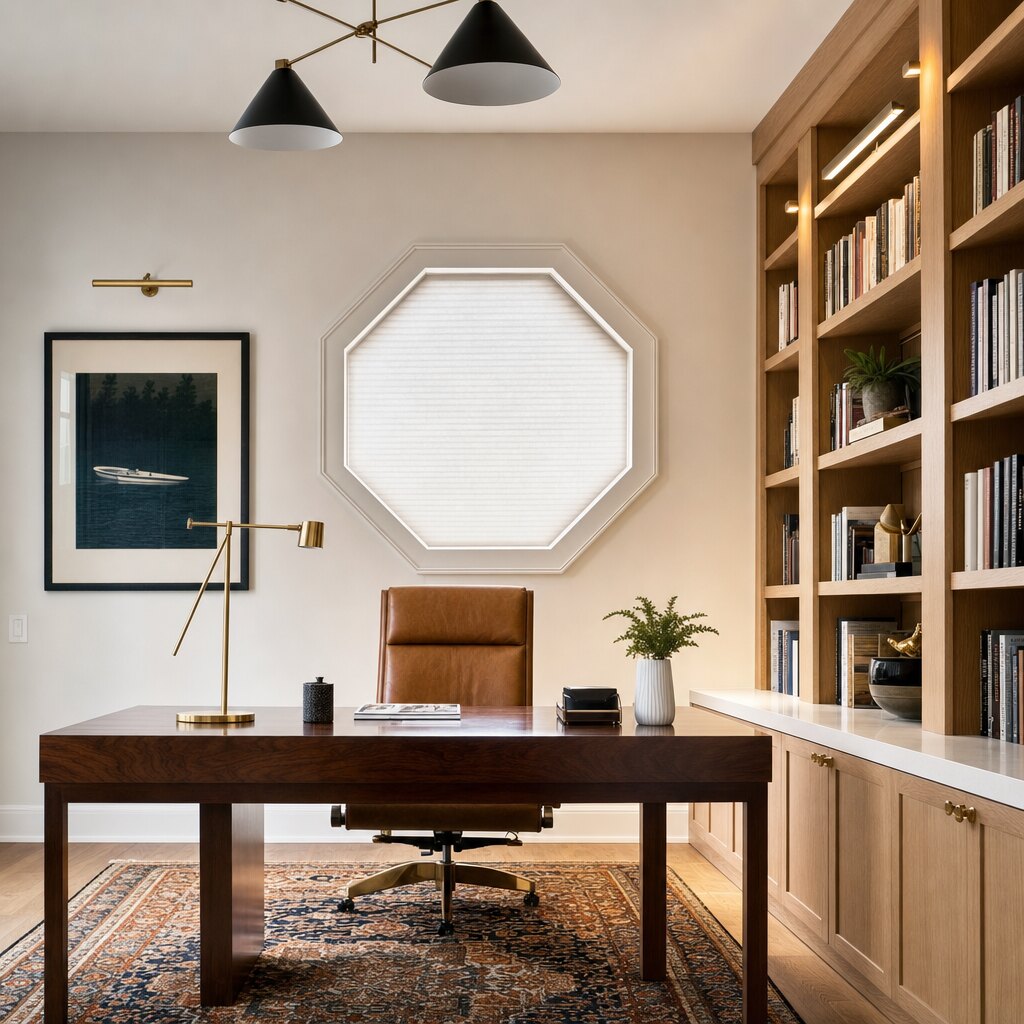 An unusually shaped window treated to follow its outline in a bright room