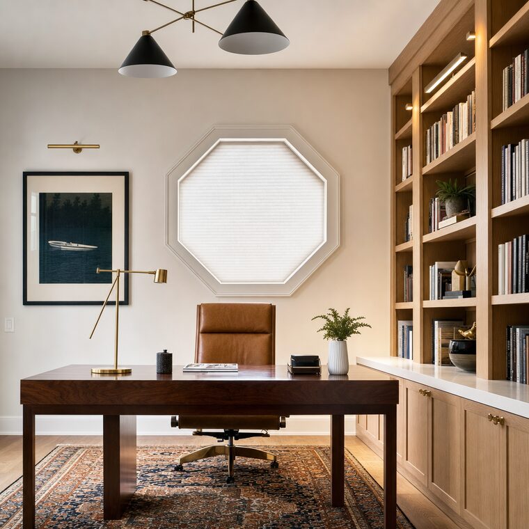 A study with a walnut desk and built-in oak shelving, an octagonal window fitted with a shade cut precisely to the eight-sided opening