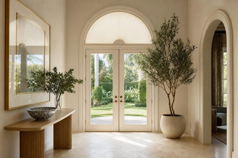 An entry hall with a console table and a potted olive tree, a half-round fanlight above a pair of glazed doors fitted with a semicircular fan shade