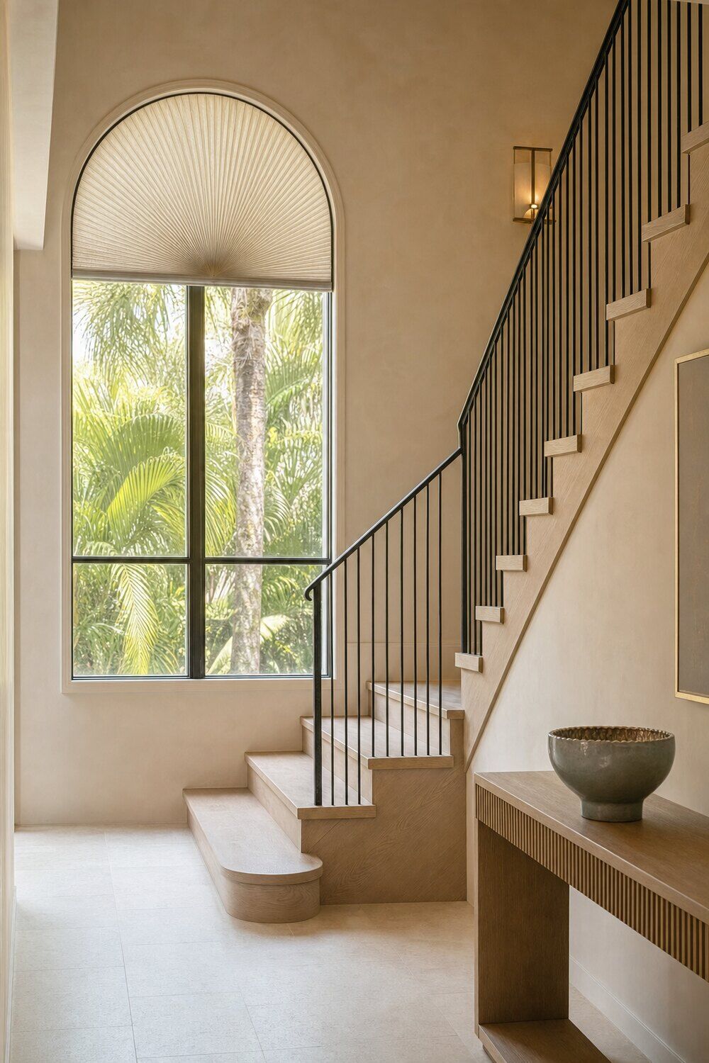 An unusually shaped window treated to follow its outline in a south-facing room