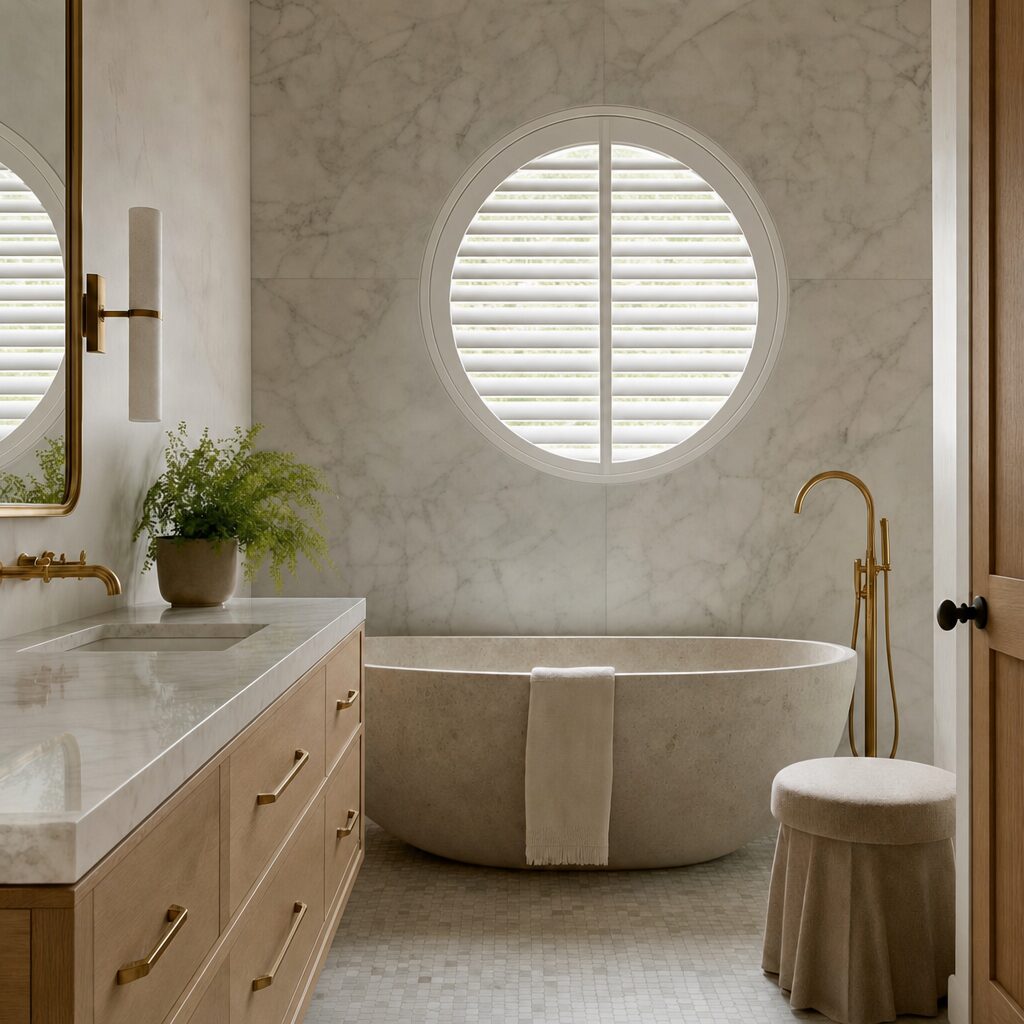 An unusually shaped window treated to follow its outline in a sunlit room