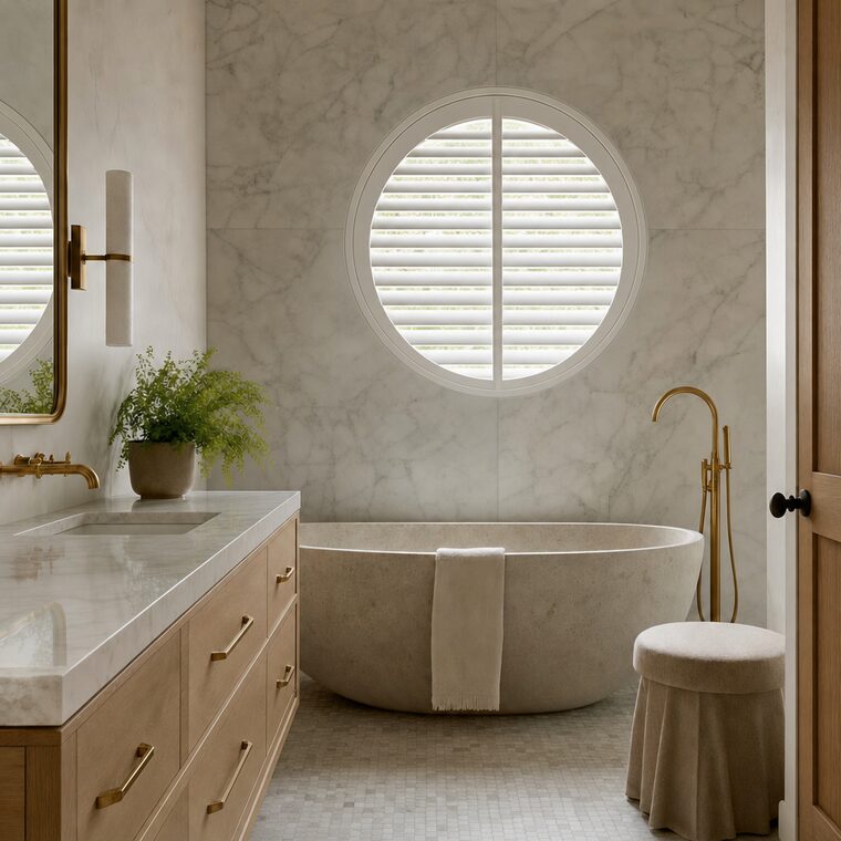 A bathroom with a freestanding stone bath and honed marble walls, a round porthole window above it fitted with a circular white plantation shutter flush in the curve