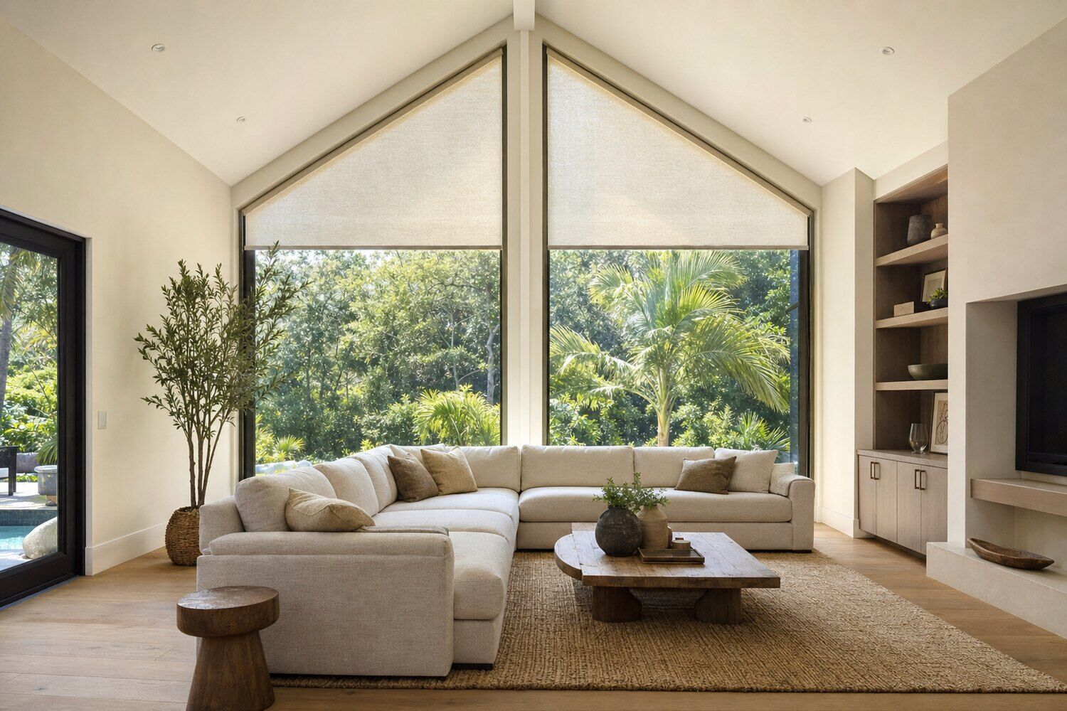 An unusually shaped window treated to follow its outline in a south-facing room