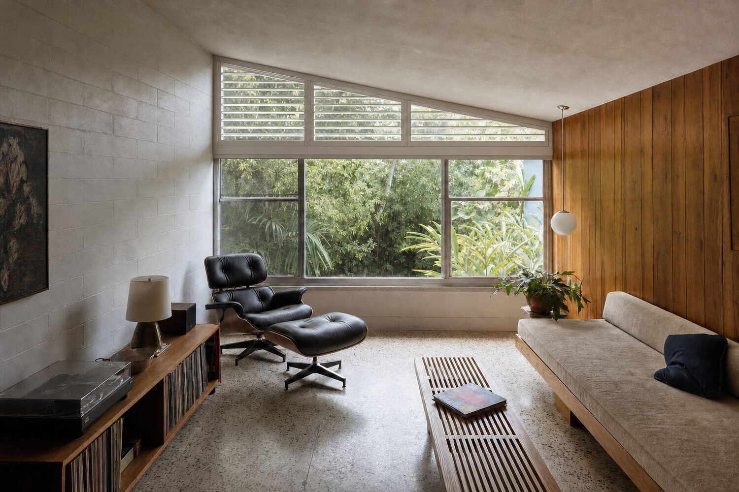 An unusually shaped window treated to follow its outline in a calm room