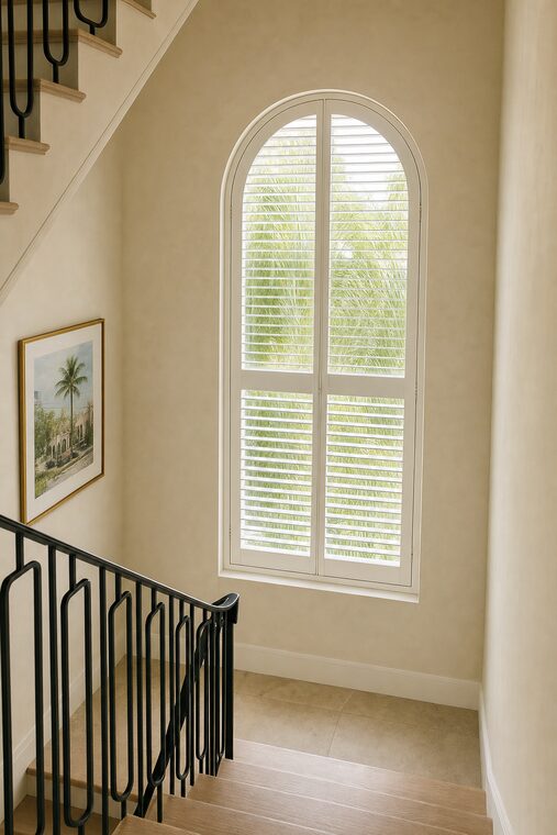 A stairwell with a tall arch-topped window fitted with white shutters cut to the arch, a fixed curved panel above louvered panels