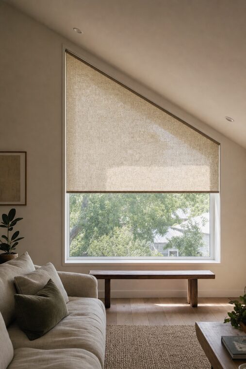 A room under a sloping cathedral ceiling, a trapezoid window whose head runs on a diagonal fitted with a flax shade cut to the same angle