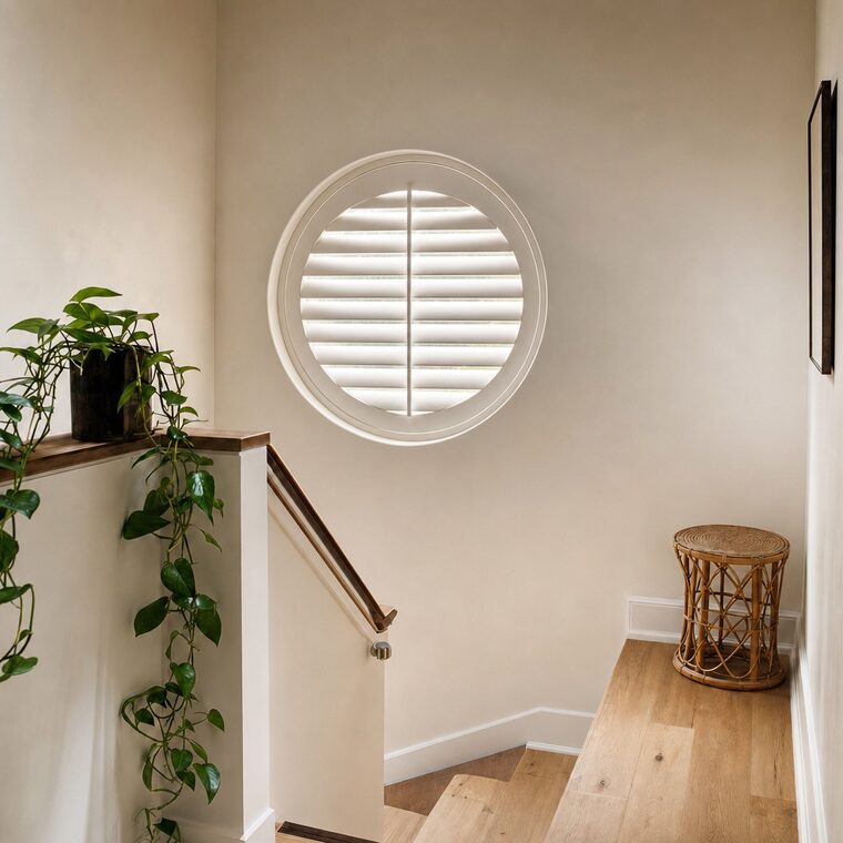 A stair landing with pale plaster walls and a trailing plant, a round porthole window fitted with a circular white plantation shutter sitting flush inside the curve