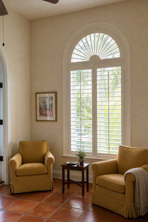 A sitting room with cream walls and ochre armchairs, a tall arch-topped window fitted with white shutters that follow the curve