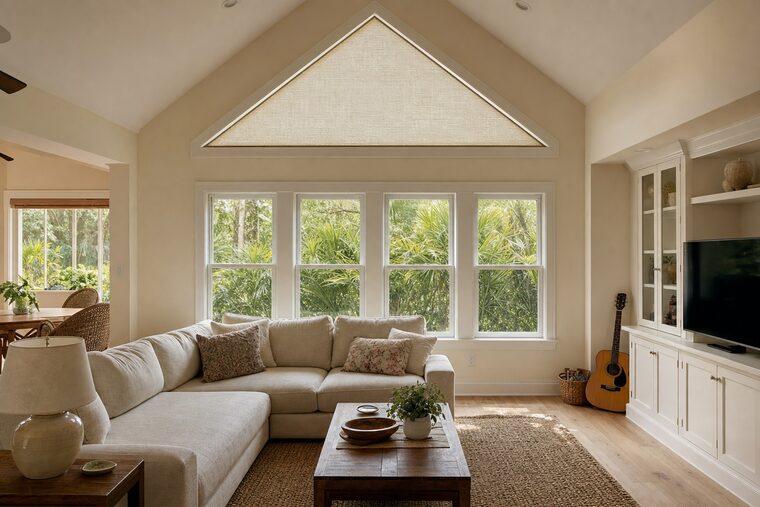 A great room with a vaulted gable end, a triangular gable window above a bank of square windows fitted with a shade cut to the triangle