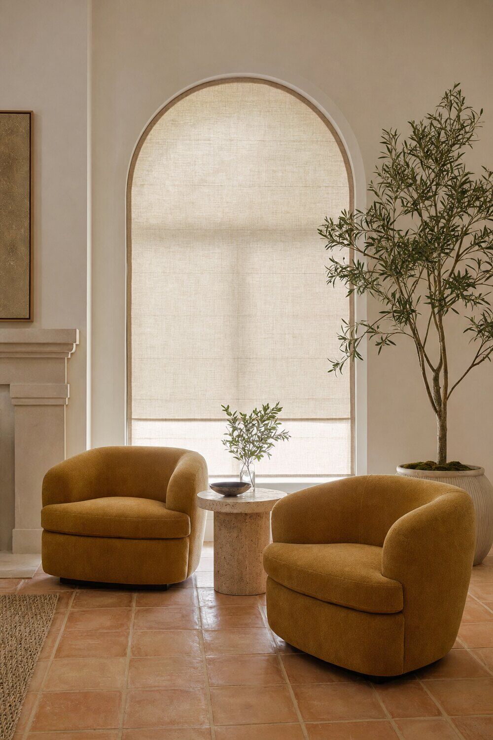 An unusually shaped window treated to follow its outline in a calm room