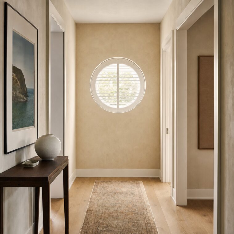 A hallway with warm plaster walls and a slim console table, a perfectly circular window fitted with a circular white plantation shutter flush inside the opening