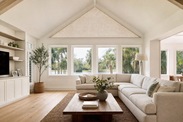 A great room with a vaulted gable end and a long linen sectional, a large triangular gable window fitted with a flax shade cut to both sloping edges