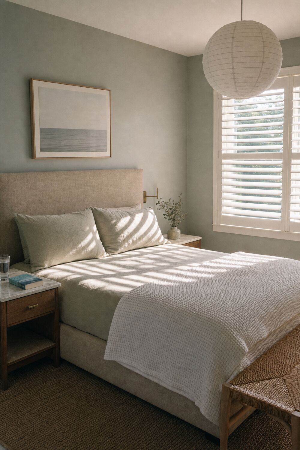 Interior shutters with the louvers angled in a calm room