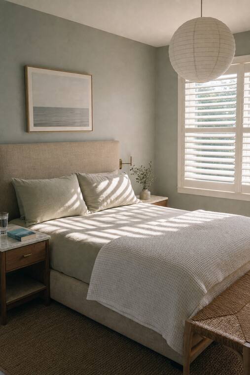 A green-gray guest bedroom with linen bedding and a paper lantern, white plantation shutters with the louvers half open