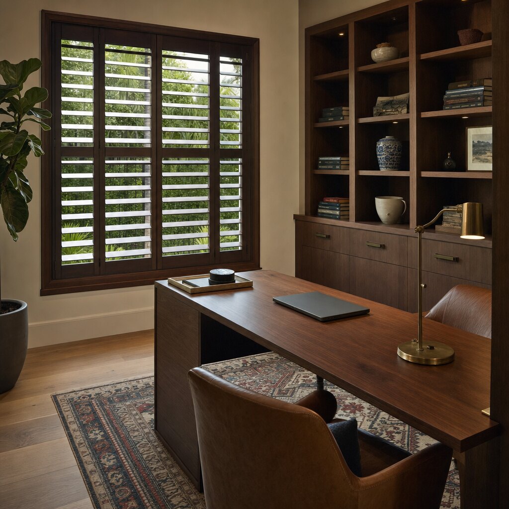 Interior shutters with the louvers angled in a open-plan room