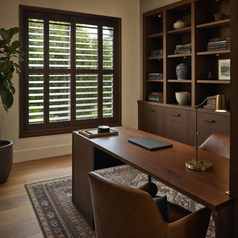 A study with a walnut desk and built-in shelving, dark stained timber plantation shutters half open over the window