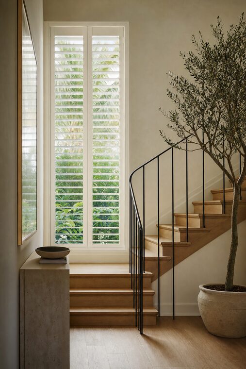 A stair landing with a white oak stair and a blackened steel balustrade, white plantation shutters open on a tall window onto green planting