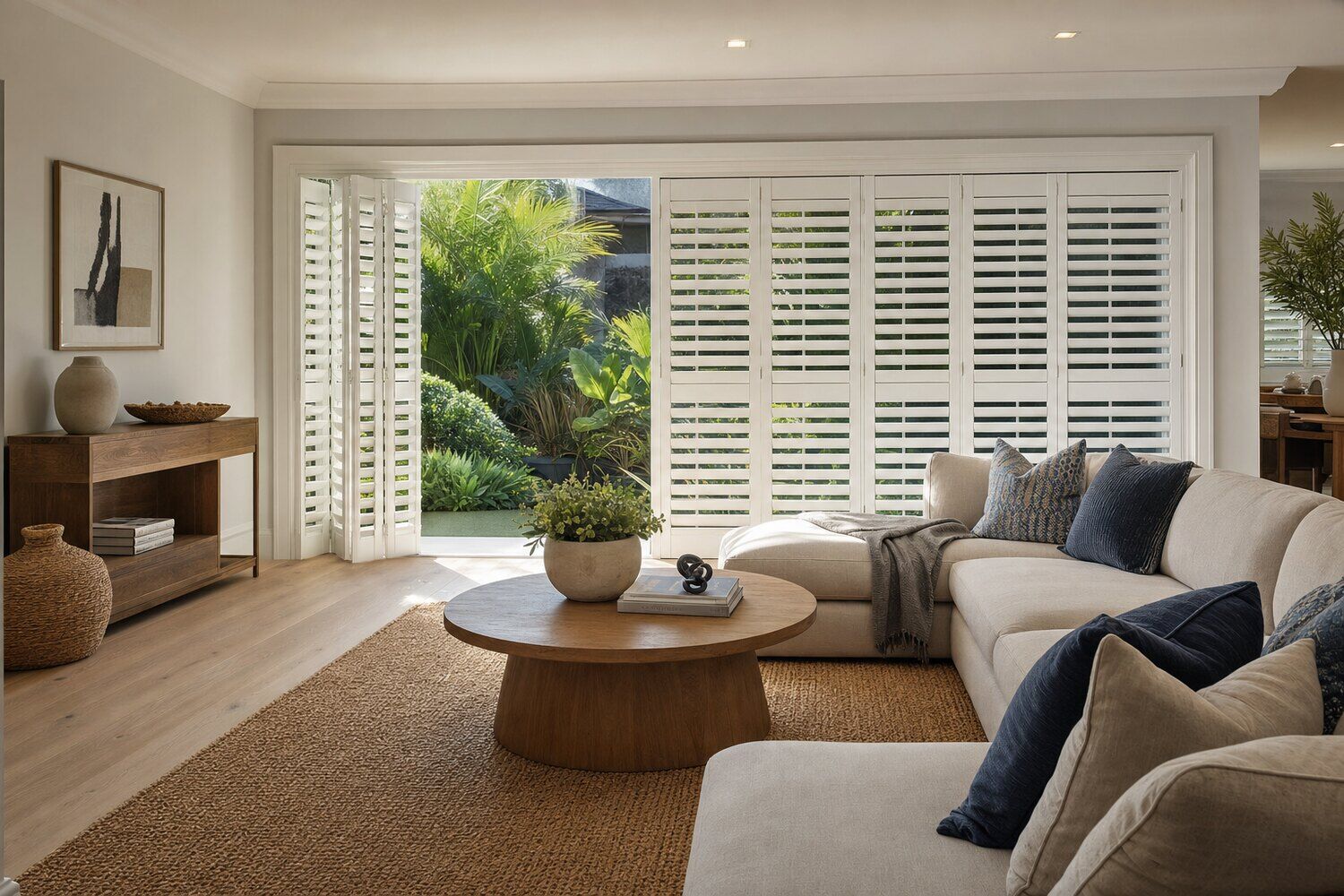 Interior shutters with the louvers angled in a calm room