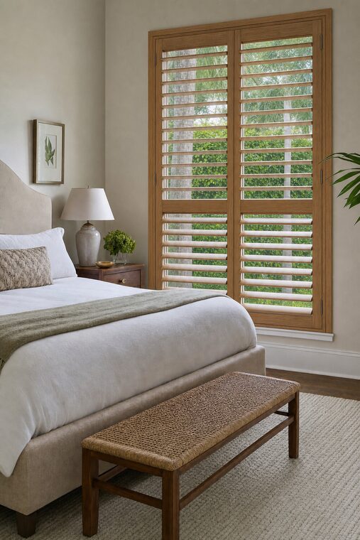 A guest bedroom with an upholstered bed and a caned bench, full-height stained wood plantation shutters covering the whole of a tall window