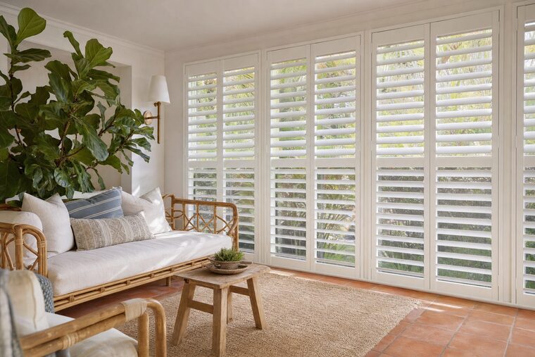 A sunroom with a rattan daybed and a fiddle leaf fig, full-height white plantation shutters angled across a wall of windows