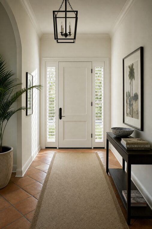 An entry hall with a console table and a runner rug over terracotta tile, slim white shutters fitted to the narrow sidelight windows either side of the front door