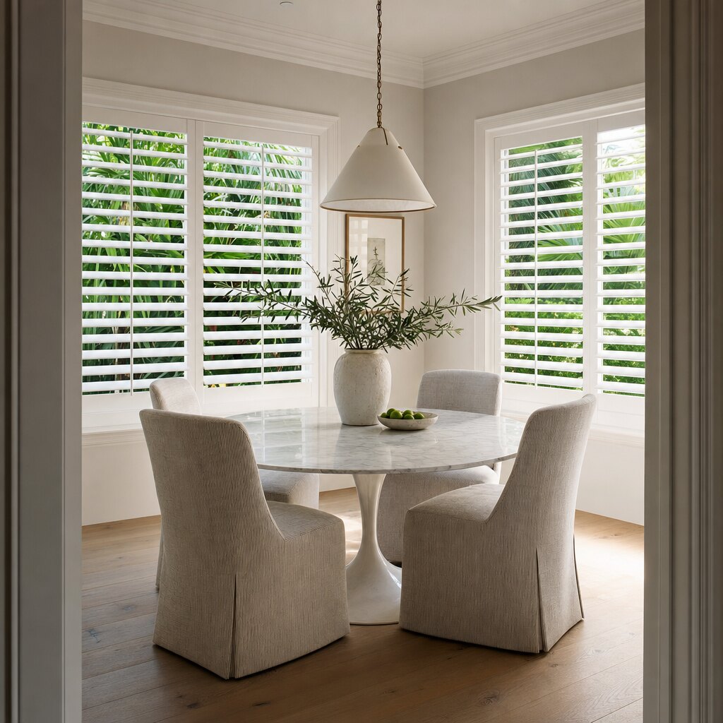Interior shutters with the louvers angled in a open-plan room