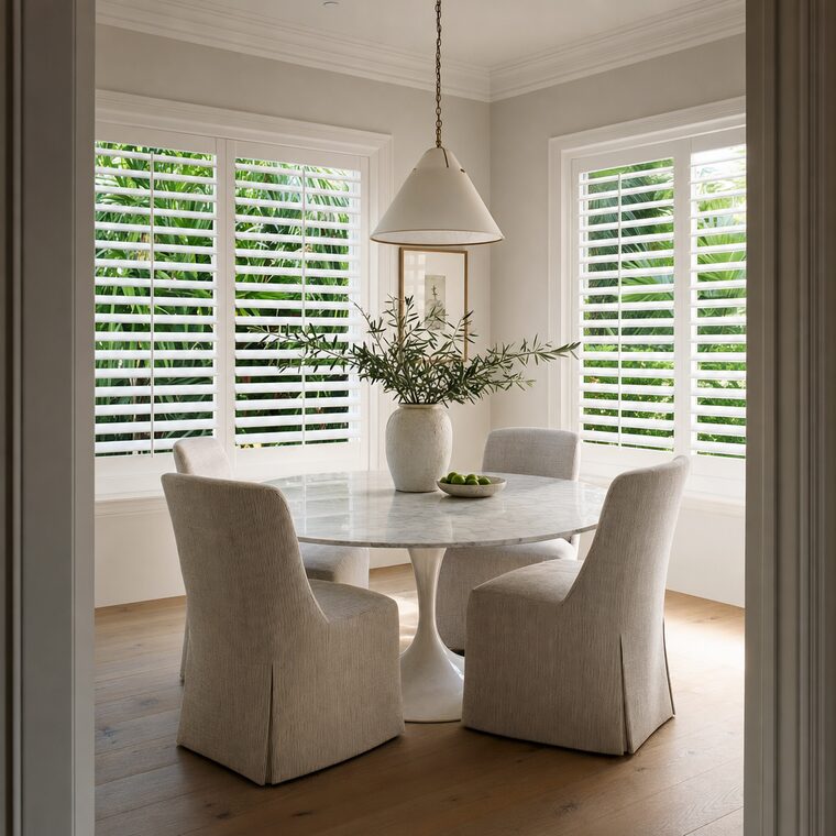 A breakfast room with a round marble pedestal table and a plaster pendant, white plantation shutters open across two windows onto green planting