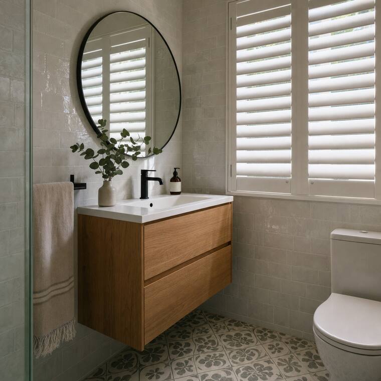 A renovated bathroom with white tile, an oak wall-hung vanity, and patterned floor tile, white plantation shutters tilted almost closed