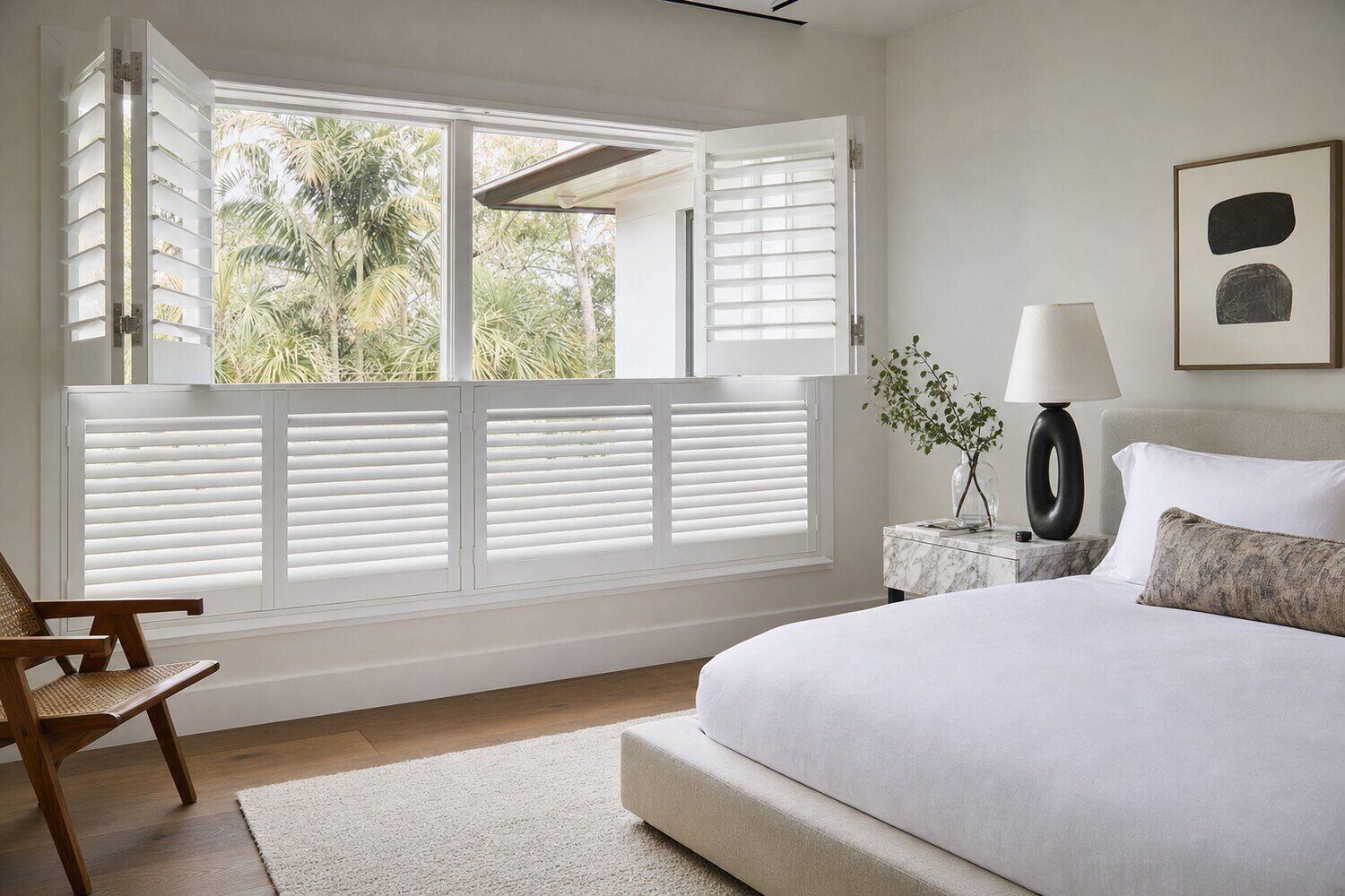 Interior shutters with the louvers angled in a south-facing room