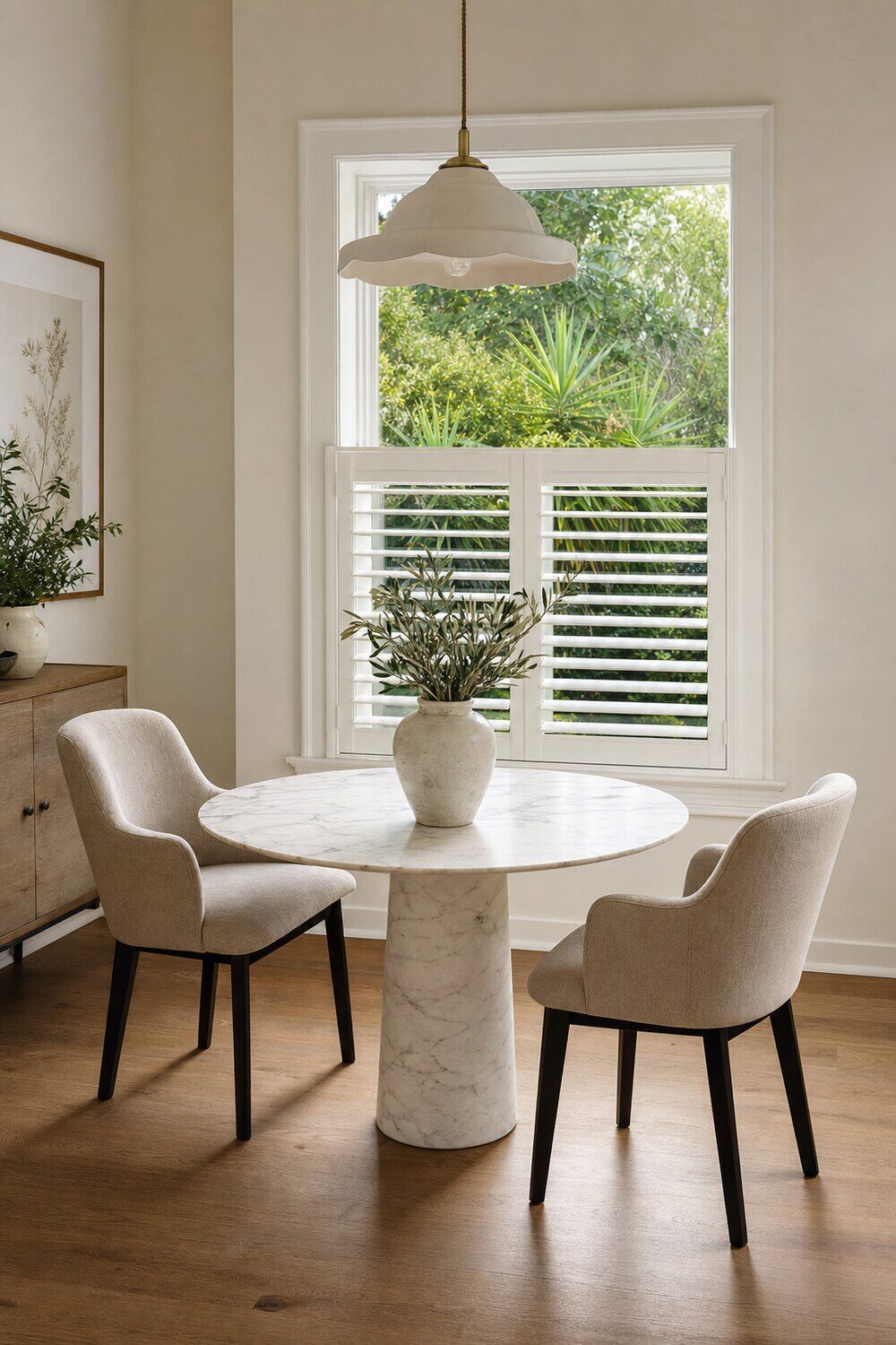 Interior shutters with the louvers angled in a calm room