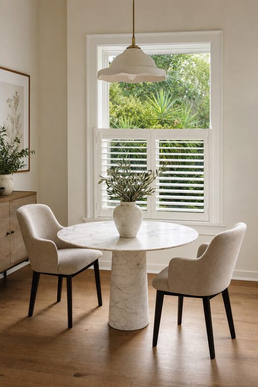 A breakfast room with a round marble pedestal table and upholstered chairs, cafe-style shutters covering the lower half of a tall window with the glass clear above