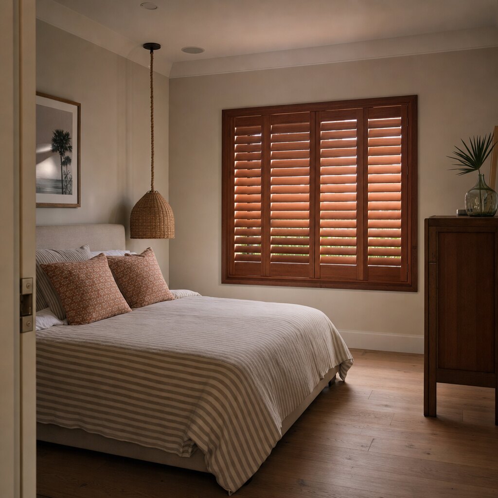 Interior shutters with the louvers angled in a double-height room